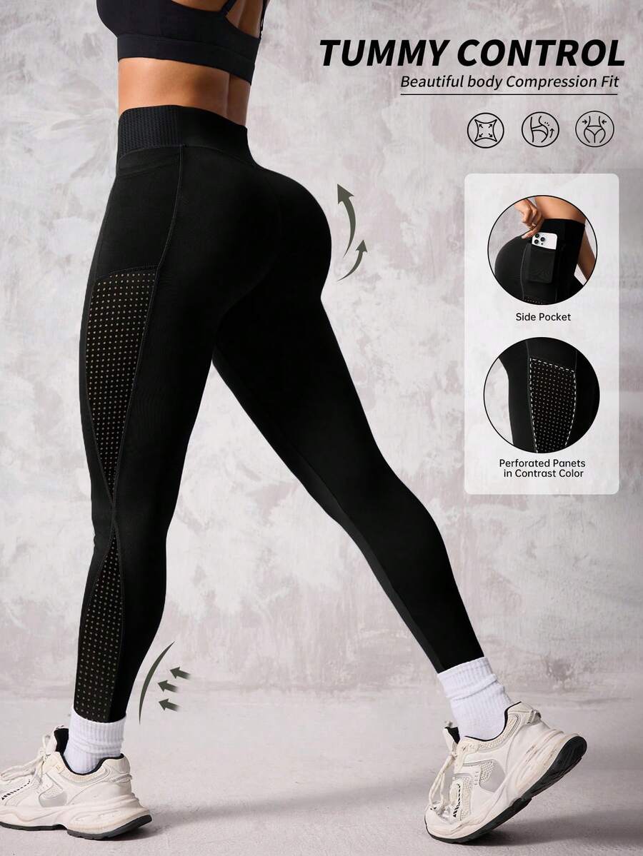 Easithlete 女式高腰口袋休闲健身紧身裤 - 黑色 - 查看 1