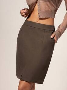 Hauture Women's Simple Sexy Office Daily Front Slit Suiting Fabric Tailored Pencil Skirt - Brown - View 4