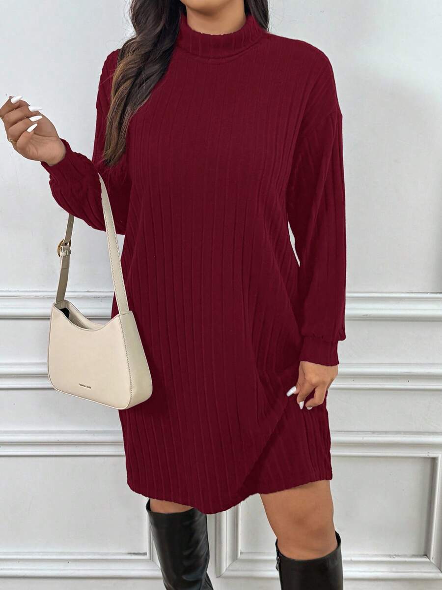 SHEIN Frenchy 大码休闲纯色高领落肩长袖连衣裙，秋季 - 紅色 - 查看 1
