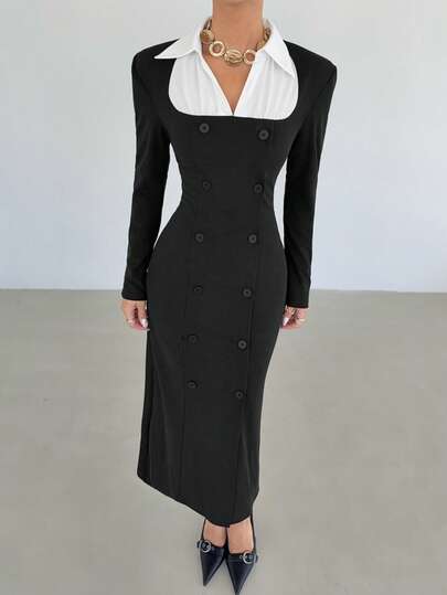 Siren Gaze Elegant långärmad klänning med färgblock och figurnära passform för kvinnor