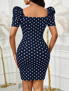 SHEIN Lady 优雅通勤波点印花泡泡袖修身连衣裙 - 藍白色 - 查看 2