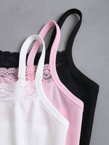 Sweetra Sweet & Spicy Cute & Elegant Music Festival Vacation Casual All-Match Daily Date Work School Layering Tight-Fitting White/Pink/Black Lace Camisole Cropped Backless Tank Top - Multicolor - View 5