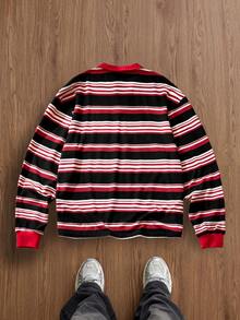 SWAVVY Áo Polo dài tay nam kẻ sọc và in chữ, áo sơ mi rugby, áo dài tay Sumwon, quần áo streetwear, áo sơ mi nam streetwear Sumwon, áo sơ mi dài tay kẻ sọc ngày Valentine, áo sơ mi streetwear Pima dành cho nam. - Đỏ - Xem 2