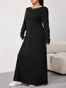 Veilorie Vestido casual de uso diario, de unicolor y cuello redondo, en talla grande - Negro - Ver 6