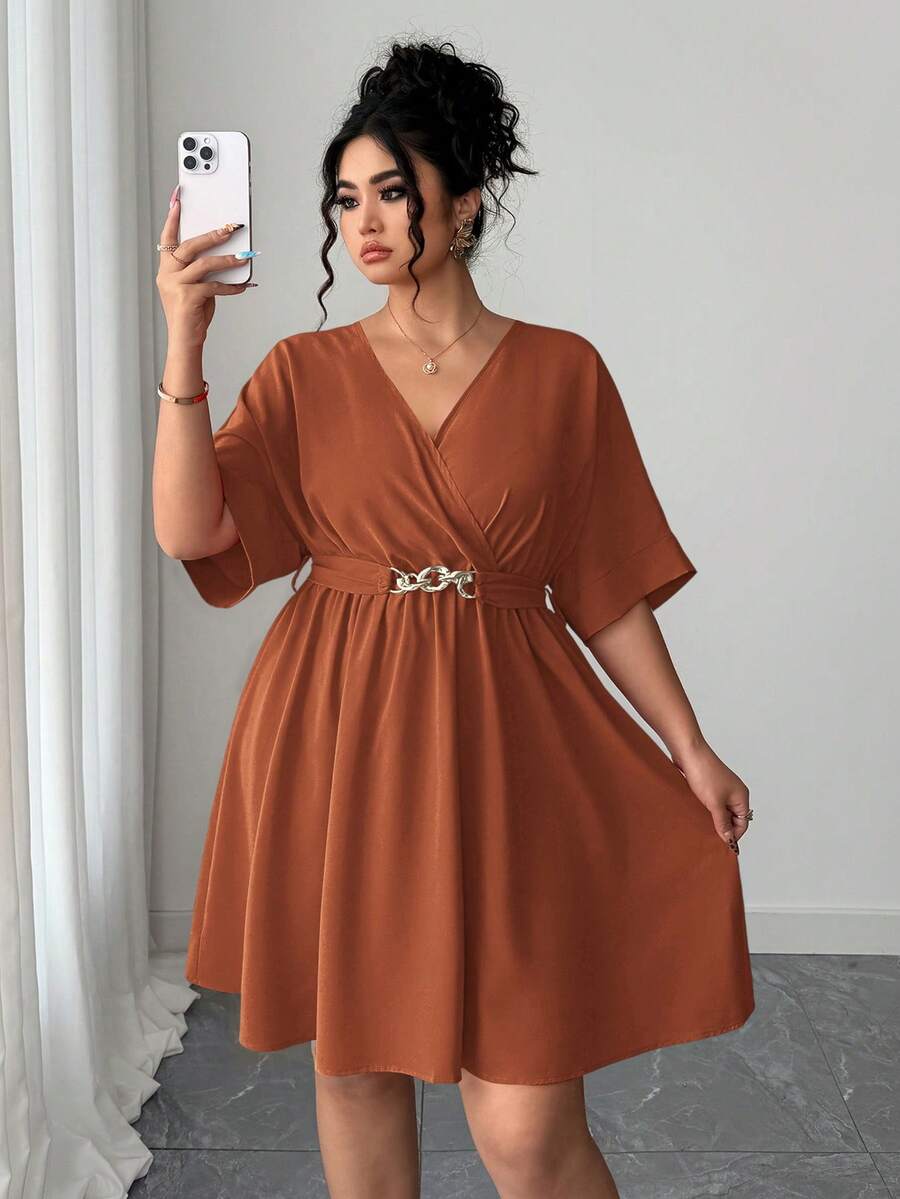 Elenzga Elegante vestido de noche rojo con cuello en V y cintura ceñida, estilo casual y minimalista para el verano