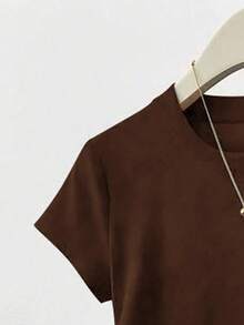 SHEIN Áo thun nữ cổ tròn tay ngắn xếp ly màu trơn đa năng thường ngày - Cà phê nâu - Xem 3