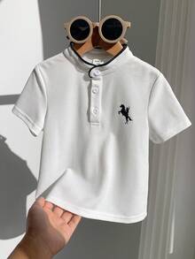 SHEIN Baby BoyCasual Cute Versatile White Collar Short Sleeve Polo Shirt(Excluding Pants), Suitable For Birthday Party, Evening Party, Performance, Wedding, Baby Shower, One-Month Celebration, One-Year-Old Celebration, Daily Outings, Indoor Activities, And School Baby Boy Clothes Polo - White - View 3