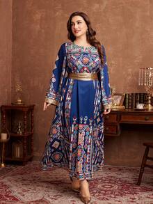 Al Najma Women's Vacation Style Floral Retro Print Long Sleeve Cinched Waist Plus Size Arabic Maxi Dress Kaftan Jalabiya Dress