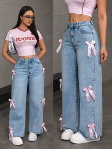 SHEIN ICON 女士蝴蝶结装饰口袋阔腿宽松休闲牛仔裤 - 淺色水洗藍 - 查看 6
