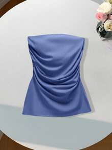 Comfortcana Women's Solid Color Pleated Bandeau Top - Blue - View 5