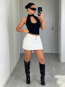 Jeanoix Y2K 时尚白色口袋腰带 PU 涂层 A 字裙 - 白色 - 查看 3