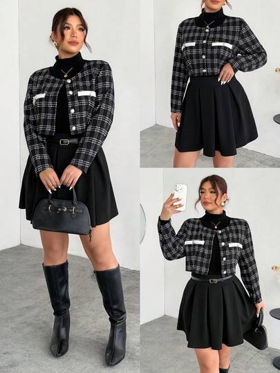 Firerie Plus Size Women's Elegant Commuter Workwear Sophisticated High-End Afternoon Tea Slightly Sexy Date Music Concert Collegiate Vintage Black & White Plaid Print Long Sleeve Jacket & Pleated Mini Skirt, Back To School Outfit Flannel Wednesday Addams In Fall/Winter