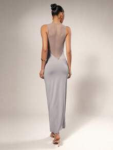 Hauture Women's Front Cowl Sexy Elegant Simple Back Mesh Design Maxi Dress - Light Grey - View 2