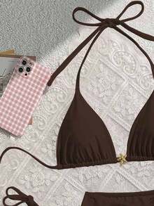 Swim Mod 3pcs Women Summer Solid Color Tie-Up Triangle Cup Halter Bikini & Mini Skirt Swimsuit Set Brown Bathing Suit 3piece Swimwear Brown Bikini Set - Coffee Brown - View 4