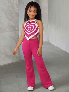 SHEIN Tween Girl Basic Casual Sleeveless Halter Knit Top & Solid Color Flared Pants 2pcs Outfit Set For Valentine's Day - Hot Pink - View 3