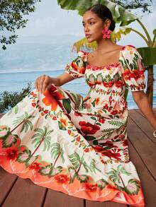 Travachic Women's Summer Beach Vacation Tropical Print Sweetheart Neck Puff Sleeve Waist Ruffle Hem Dress - Multicolor - View 1