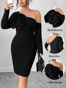 Elenzga 大码女式修身纯色碎花连衣裙 - 黑色 - 查看 3