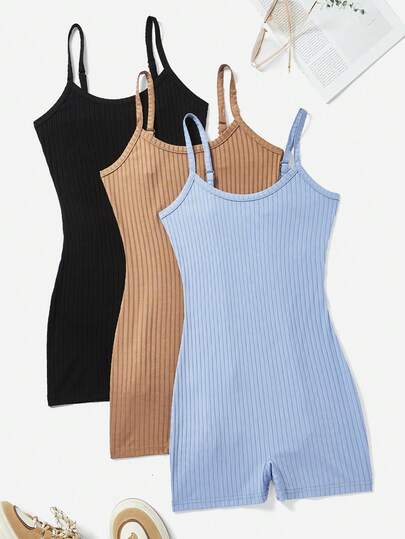 Comfortcana 3pcs/Set Women's Solid Color Tight Jumpsuit Unitard With Spaghetti Straps