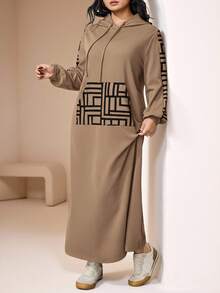 Veilorie Váy nỉ trùm đầu tay dài họa tiết hình học cỡ lớn cho nữ - Màu Khaki - Xem 1