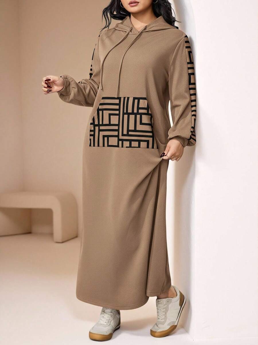 Veilorie Váy nỉ trùm đầu tay dài họa tiết hình học cỡ lớn cho nữ - Màu Khaki - Xem 1