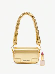 SHEIN BAE 新款糖果色漆面女士小方包，手工编织编织手柄时尚单肩包，适合年轻女孩，适合购物、约会、正式活动、日常装扮、通勤、多功能斜挎包 - 金色 - 查看 4