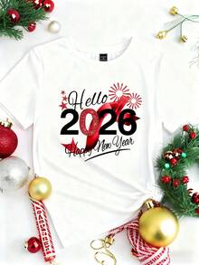 Manfinity Homme Unisex Happy New Year 2026 White T-Shirt, Holiday Golden Ribbon Element 2026 New Year Limited Edition Couple Crew Neck T-Shirt