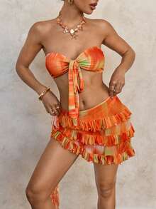 Swim Glamine 基础款女士性感扎染印花抹胸比基尼套装 - 橘色 - 查看 8