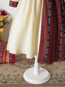 SHEIN Young Girl Dress, Apricot White Base With Red And Black Contrast Traditional Pattern, Geometric Diamond And Stripe Interwoven - Multicolor - View 4