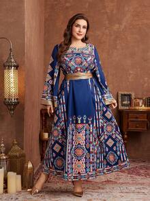 Al Najma Women's Vacation Style Floral Retro Print Long Sleeve Cinched Waist Plus Size Arabic Maxi Dress Kaftan Jalabiya Dress