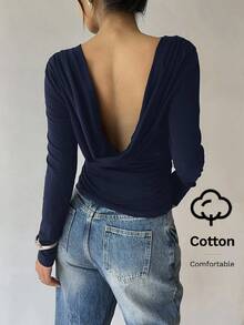 Siren Gaze Áo thun dài tay ôm dáng cổ thuyền hở lưng màu trơn đơn giản, gợi cảm, thoải mái khi đi làm hàng ngày dành cho nữ, mùa xuân/thu - Màu xanh hải quân - Xem 11