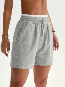 Dewbera 女士运动瑜伽户外健身休闲阔腿短裤，腰部拼接撞色抽绳基础款 - 灰色 - 查看 6