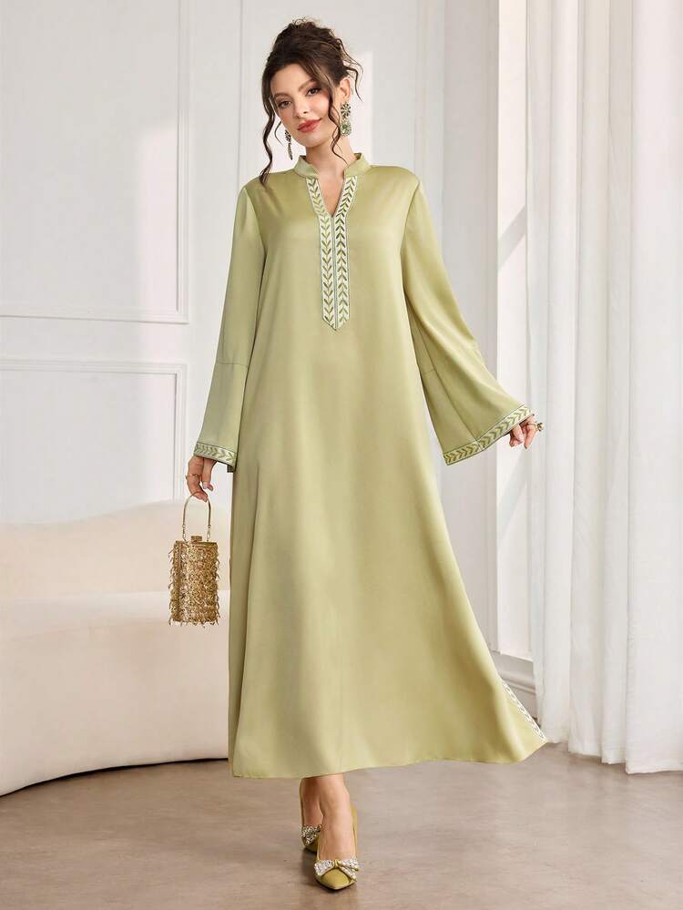 Al Najma رمضان جلابيات قفاطين رمضان فستان أبايا ماكسي أنيق للنساء بأكمام طويلة وياقة عالية مطرز بالتطريز على القماش الأطلسي - أخضر - مشاهدة 3