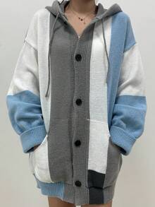 Chiquease 撞色连帽宽松休闲长袖开衫 - 彩色 - 查看 1