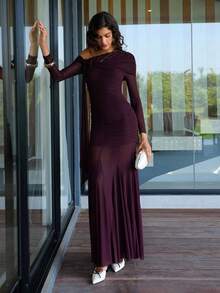 Opulessa Women's Solid Color Asymmetric Neckline Fitted Long Sleeve Dress, Christmas Party, Elegant New Year's Eve Outfits, Winter Going Out Outfits Burgundy - Brown - View 2