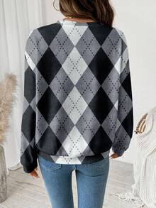 EMERY ROSE 女士休闲格子印花宽松圆领长袖卫衣，格子图案，菱格纹毛衣，冬季女式上衣，女士格子毛衣，休闲款 - 彩色 - 查看 2