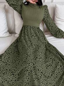 Feyla Women's Casual Vacation Style Ditsy Floral Lantern Sleeve 2 In 1 Arabic Dress, Spring/Autumn Green Elegant Dress Women Olive Dress - Army Green - View 2