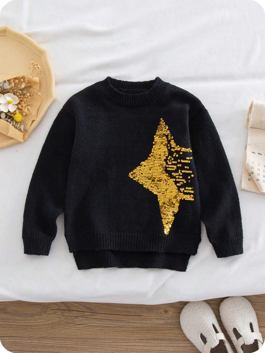 SHEIN 女童亮片星星装饰圆领长袖休闲毛衣,秋冬款 - 黑色 - 查看 1