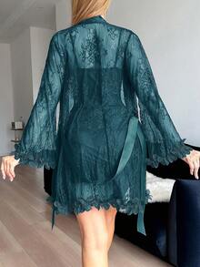 Seduluxe 2pcs Set: 3D Floral Lace Robe + Fishbone Waist Design Lace Camisole Nightgown - Teal Blue - View 2