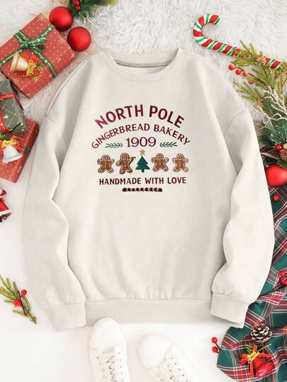 INAWLY 女款圆领宽松灯芯绒条纹长袖休闲运动装，适合秋冬穿着 / 刺绣工艺 / 女款刺绣姜饼图案卫衣，圣诞上衣，亲子装新年衬衫 / 圣诞姜饼人图案字母印花圆领上衣 / 适合秋/春穿着，长袖上衣，毕业季，返校季