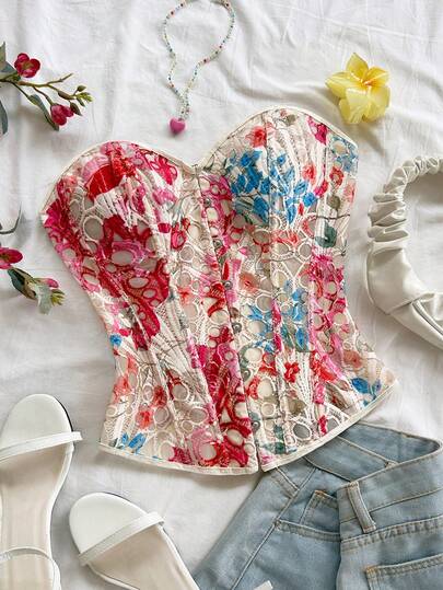 Soleia 复古宫廷风彩色花卉提花印花抹胸，纽扣和系带设计，适合度假