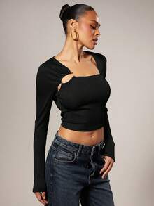 Hauture Women's Ribbed Hollow-Out Design Fashionable Versatile Long Sleeve Casual Top - Black - View 5