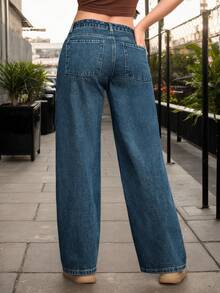 Pantalones vaqueros de pierna ancha de unicolor, de bolsillo, informales y versátiles - Jeans rectos 2014 - Ver 4