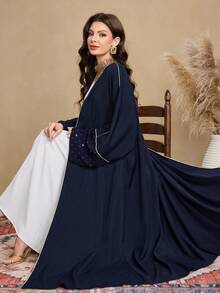 Al Najma Váy Abaya Ả Rập rộng rãi thời trang cổ điển dành cho nữ, thêu chấm vàng, chắp vá, viền vàng - Màu xanh lam - Xem 7