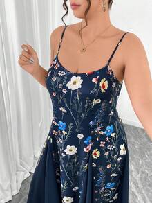 Elenzga Đầm slip dáng chữ A thắt eo, vạt bất đối xứng, cổ tròn, họa tiết hoa màu nước, cỡ lớn, thích hợp cho ngày Valentine, thanh lịch cho các buổi đi chơi, hẹn hò, tiệc tùng, trà chiều và kỳ nghỉ. - Màu xanh hải quân - Xem 3