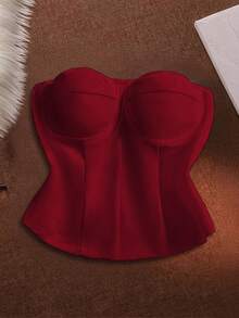 GlowEve CURVE Plus Size Solid Color Off-Shoulder Cropped Casual Versatile Tank Top For Women - Burgundy - View 4