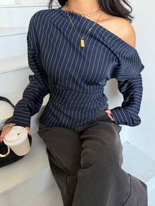 Siren Gaze 女士休闲条纹不对称肩长袖衬衫，秋季 - 藏蓝色 - 查看 3