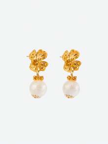 Opalesca 1 Pair Fashionable & Elegant Flower Shaped Pearl Earrings For Women,Outfits,Old Money,Wedding/Bridal Accessories,Western Jewelry,Fairycore/Fairy,Pearl,Fall/Autumn/Winter,For Mom/Women/Girl/Mother,Elegant - Gold - View 5