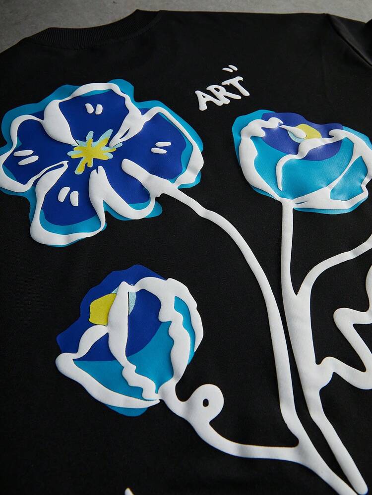 Manfinity EMRG 男士街头风花卉压纹图案T恤，适合户外活动、音乐节、休闲外出，可作为送给男友/丈夫的礼物，周年纪念日礼物，黑色短袖 - 黑色 - 查看 6