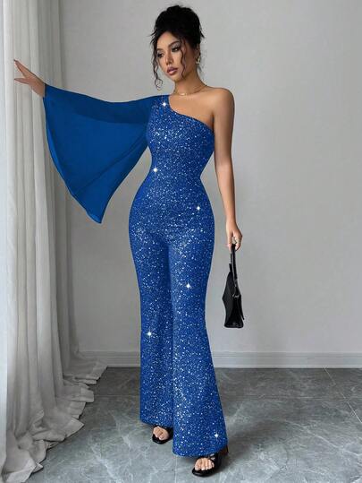 Elenzga 1 st asymmetrisk jumpsuit med prickig glitter och klockärmar för fest, dam