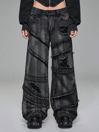Grunge Punk Y2K Punk Rivet Decor Distressed Vintage Washed Wide Leg Low Waist Jeans